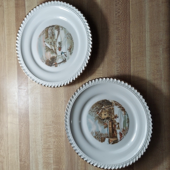 Winter Scene Bread & Butter Plates made by Harkerware with Currier and Ives - Picture 1 of 10
